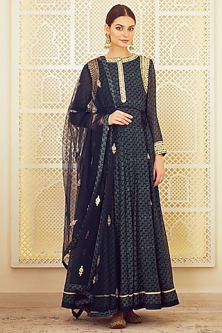 Navy Blue Embroidered & Printed Anarkali Set by Shyam Narayan Prasad