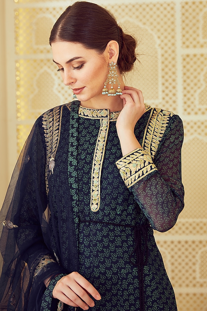 Navy Blue Embroidered & Printed Wedding Anarkali Set by Shyam Narayan Prasad at Pernia's Pop Up Shop