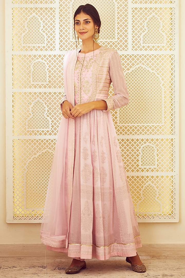 Light Pink Embroidered & Printed Anarkali Set by Shyam Narayan Prasad