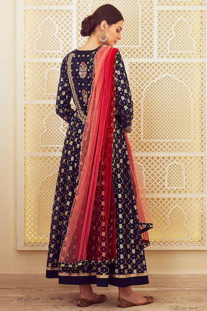 Navy Blue & Red Thread Embroidered Wedding Anarkali Set by Shyam Narayan Prasad at Pernia's Pop Up Shop
