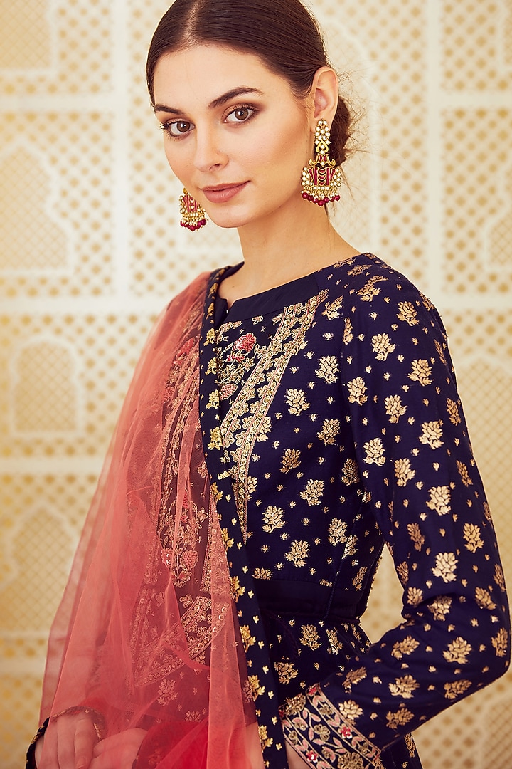 Navy Blue & Red Thread Embroidered Wedding Anarkali Set by Shyam Narayan Prasad at Pernia's Pop Up Shop