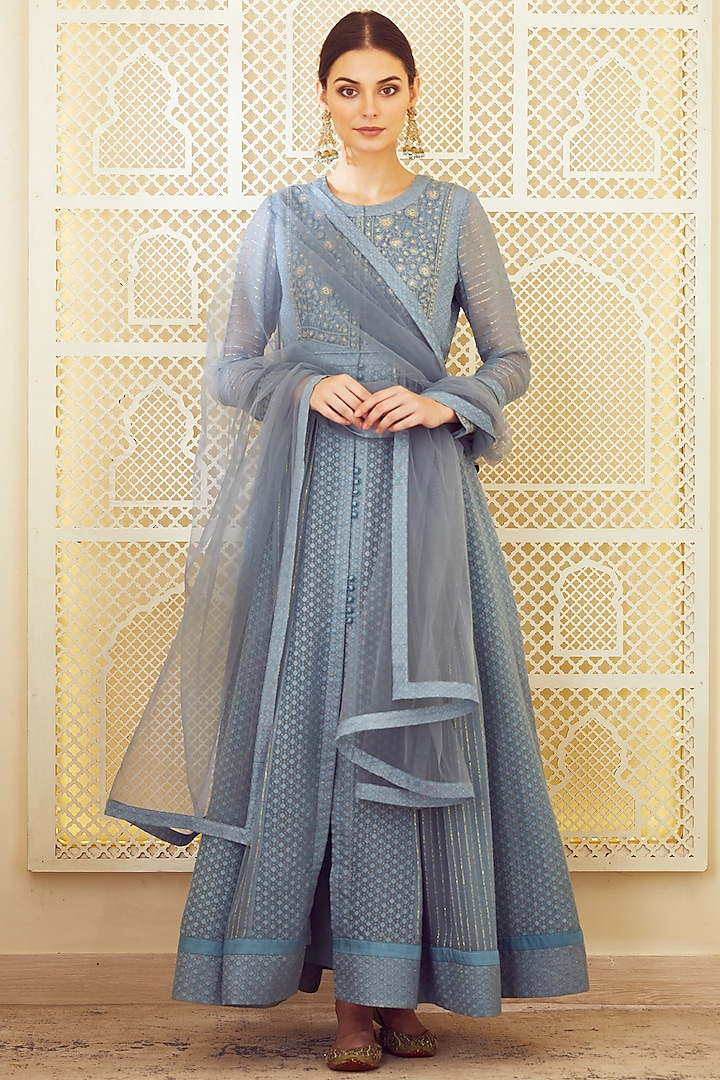 Blue Grey Embroidered Anarkali Set by Shyam Narayan Prasad