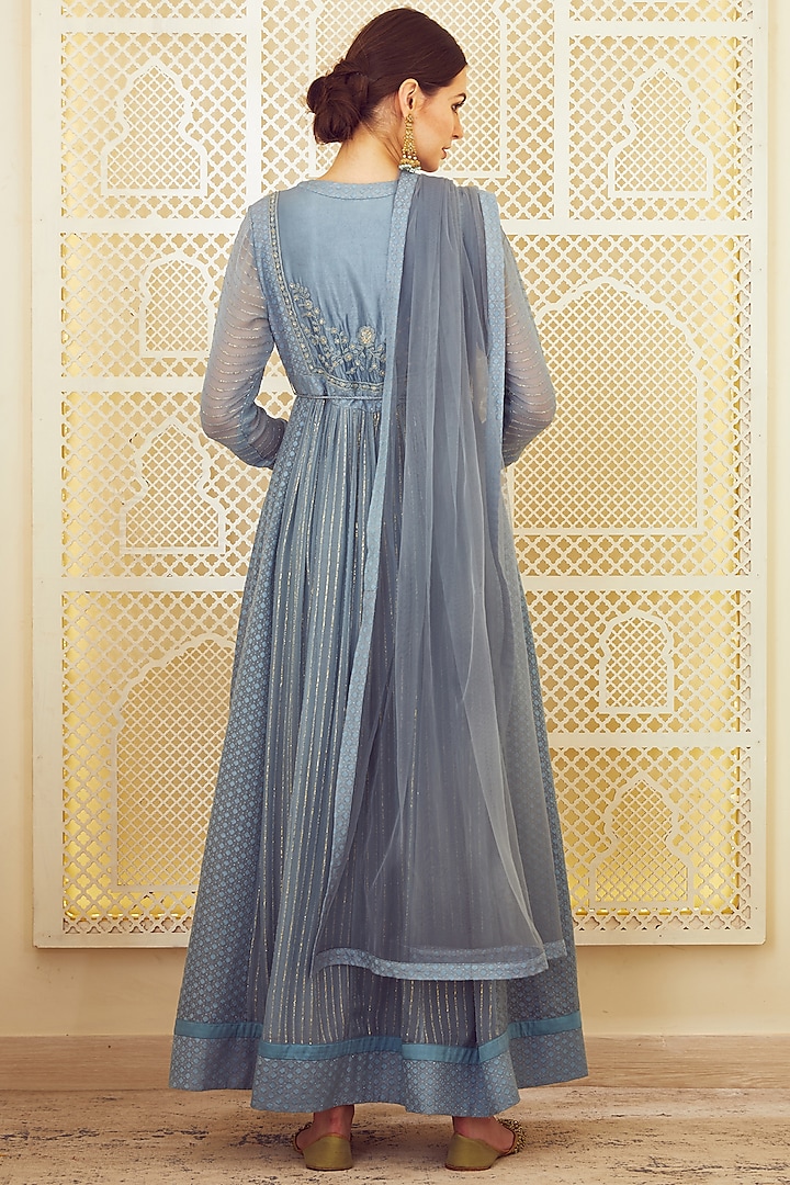 Blue Grey Embroidered Wedding Anarkali Set by Shyam Narayan Prasad at Pernia's Pop Up Shop