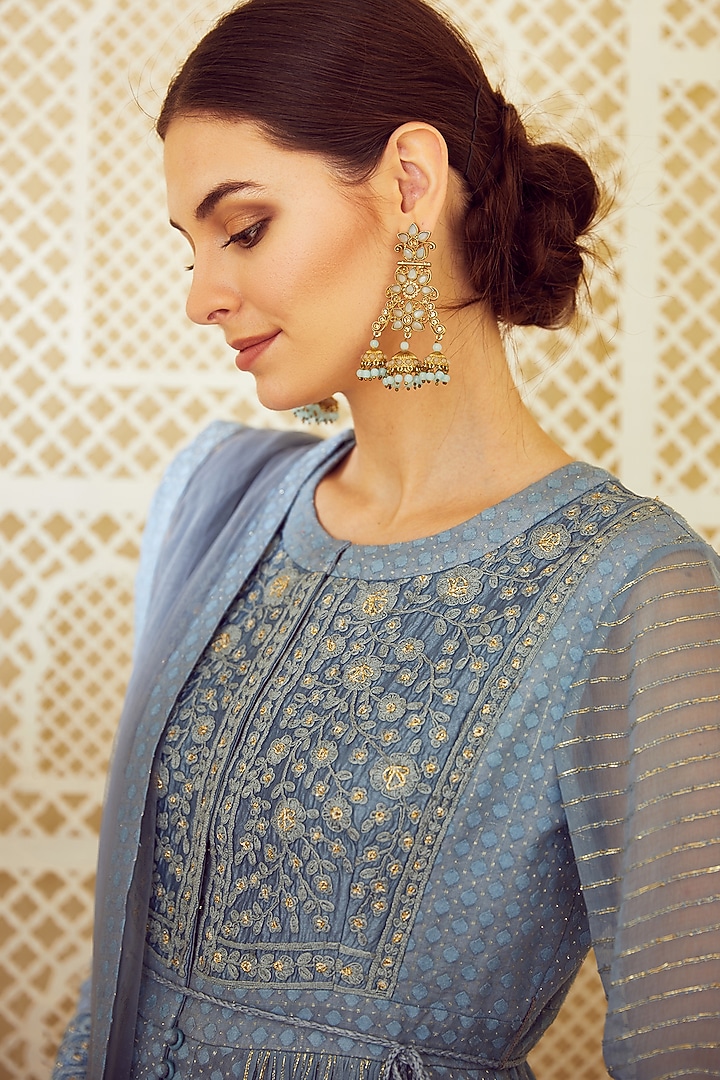 Blue Grey Embroidered Wedding Anarkali Set by Shyam Narayan Prasad at Pernia's Pop Up Shop