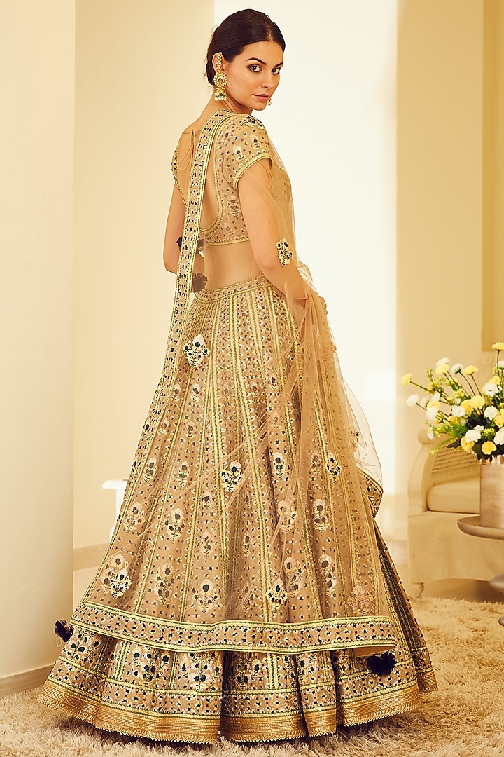 Olive Green Appliques Embroidered Wedding Lehenga Set by Shyam Narayan Prasad at Pernia's Pop Up Shop