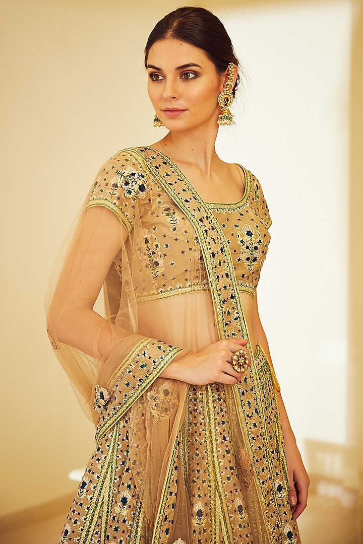 Olive Green Appliques Embroidered Wedding Lehenga Set by Shyam Narayan Prasad at Pernia's Pop Up Shop