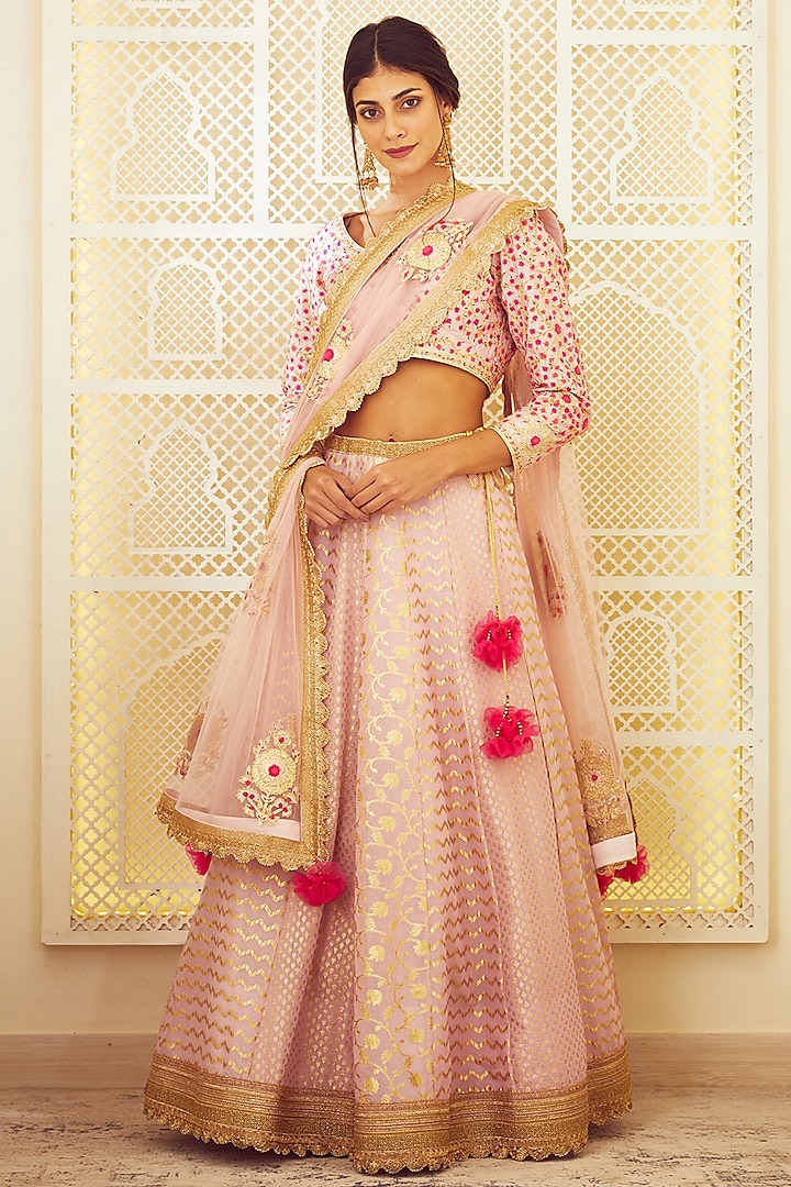 Light Pink Thread Embroidered Lehenga Set by Shyam Narayan Prasad