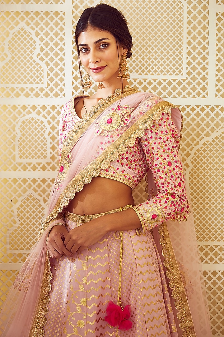Light Pink Thread Embroidered Wedding Lehenga Set by Shyam Narayan Prasad at Pernia's Pop Up Shop