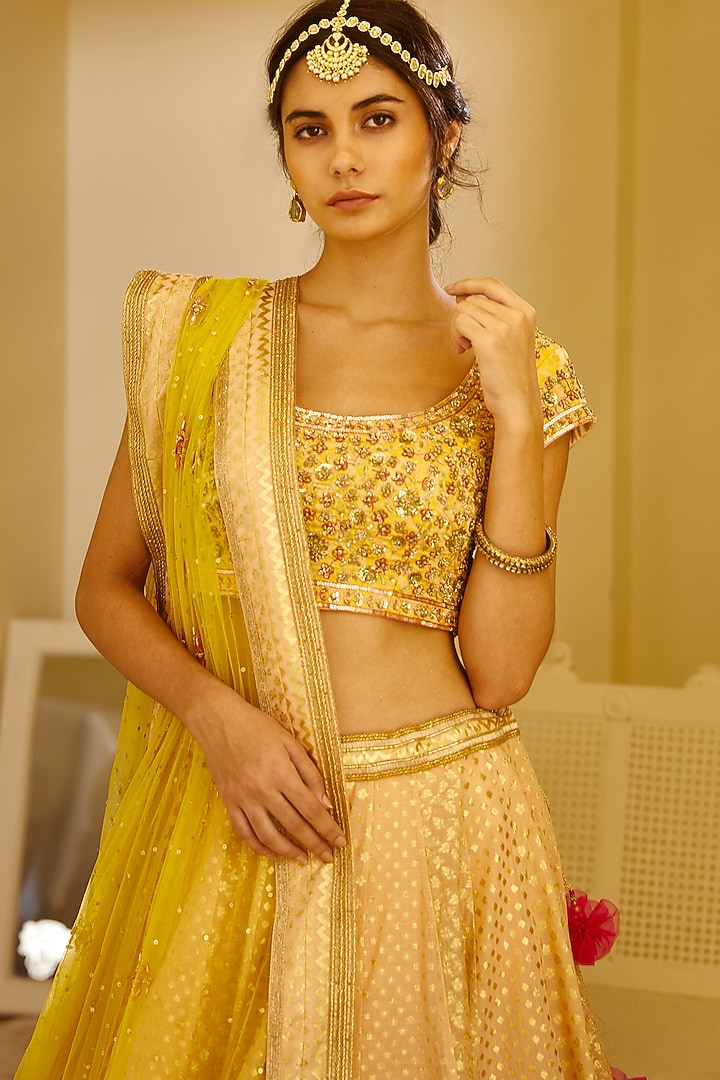 Beige Gota Embroidered Wedding Lehenga Set by Shyam Narayan Prasad at Pernia's Pop Up Shop