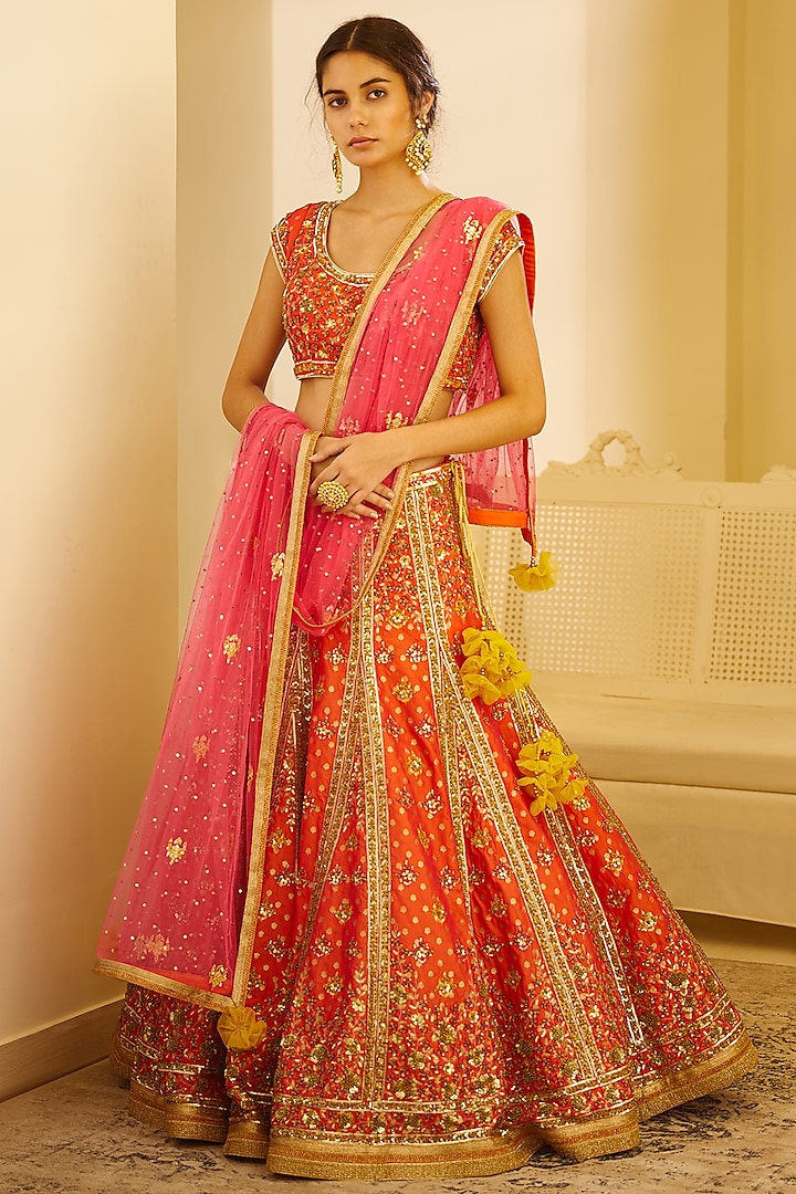 Coral Zardosi Embroidered Wedding Lehenga Set by Shyam Narayan Prasad at Pernia's Pop Up Shop