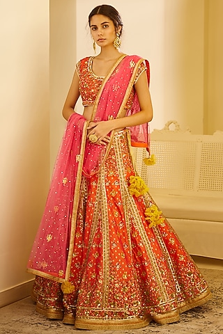 Coral Zardosi Embroidered Lehenga Set by Shyam Narayan Prasad
