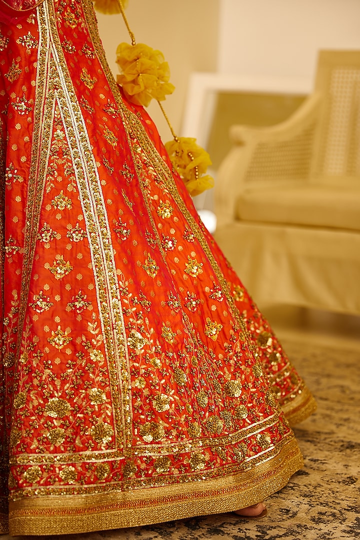 Coral Zardosi Embroidered Wedding Lehenga Set by Shyam Narayan Prasad at Pernia's Pop Up Shop