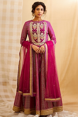 Wine Pink Silk Anarkali Set by Shyam Narayan Prasad