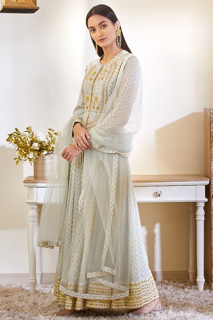 Sea Green Silk Wedding Anarkali Set by Shyam Narayan Prasad at Pernia's Pop Up Shop
