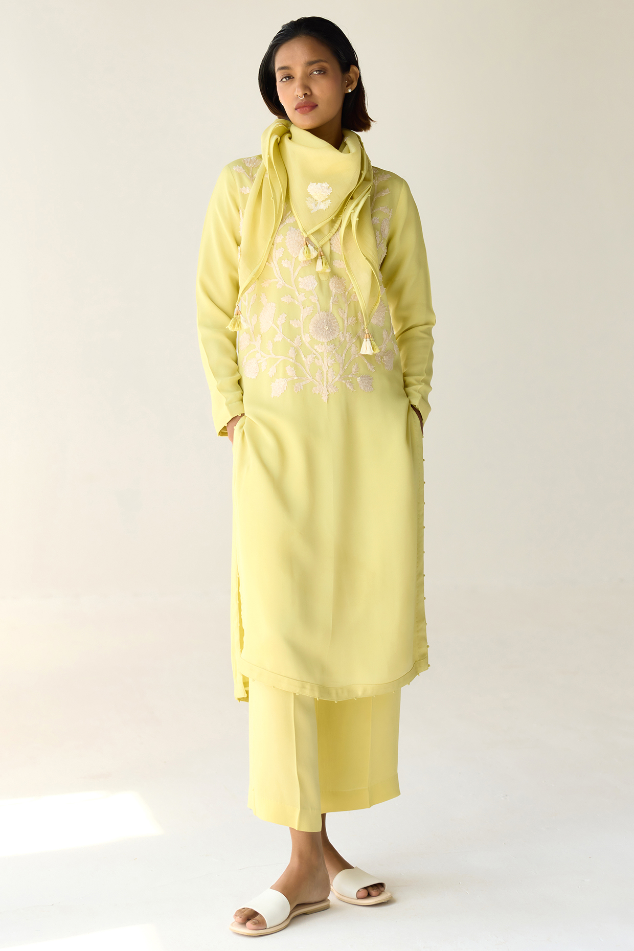 Custard Yellow Georgette Hand Embroidered Kurta Set by Shyam Narayan Prasad at Pernia's Pop Up Shop
