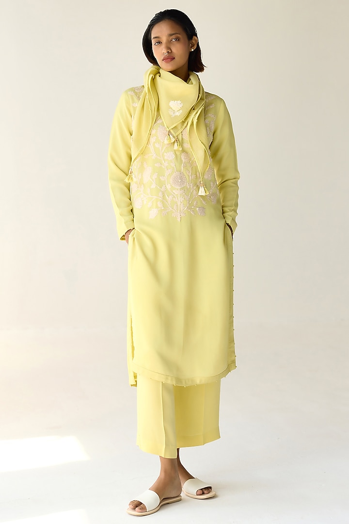 Custard Yellow Georgette Hand Embroidered Kurta Set by Shyam Narayan Prasad at Pernia's Pop Up Shop