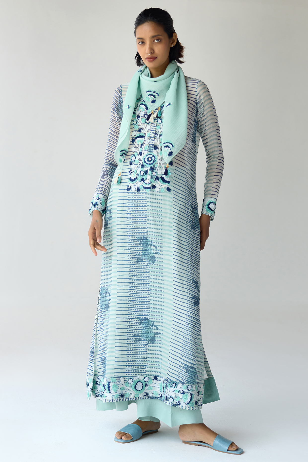 Mist Jade Green Chanderi Hand Block Printed & Embroidered Kurta Set by Shyam Narayan Prasad at Pernia's Pop Up Shop