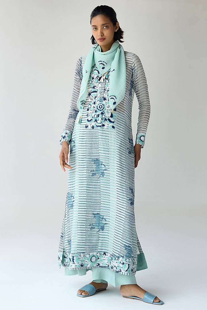Mist Jade Green Chanderi Hand Block Printed & Embroidered Kurta Set by Shyam Narayan Prasad at Pernia's Pop Up Shop