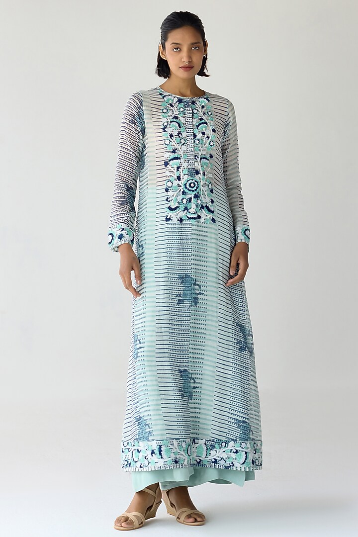 Mist Jade Green Chanderi Hand Block Printed & Embroidered Kurta Set by Shyam Narayan Prasad at Pernia's Pop Up Shop
