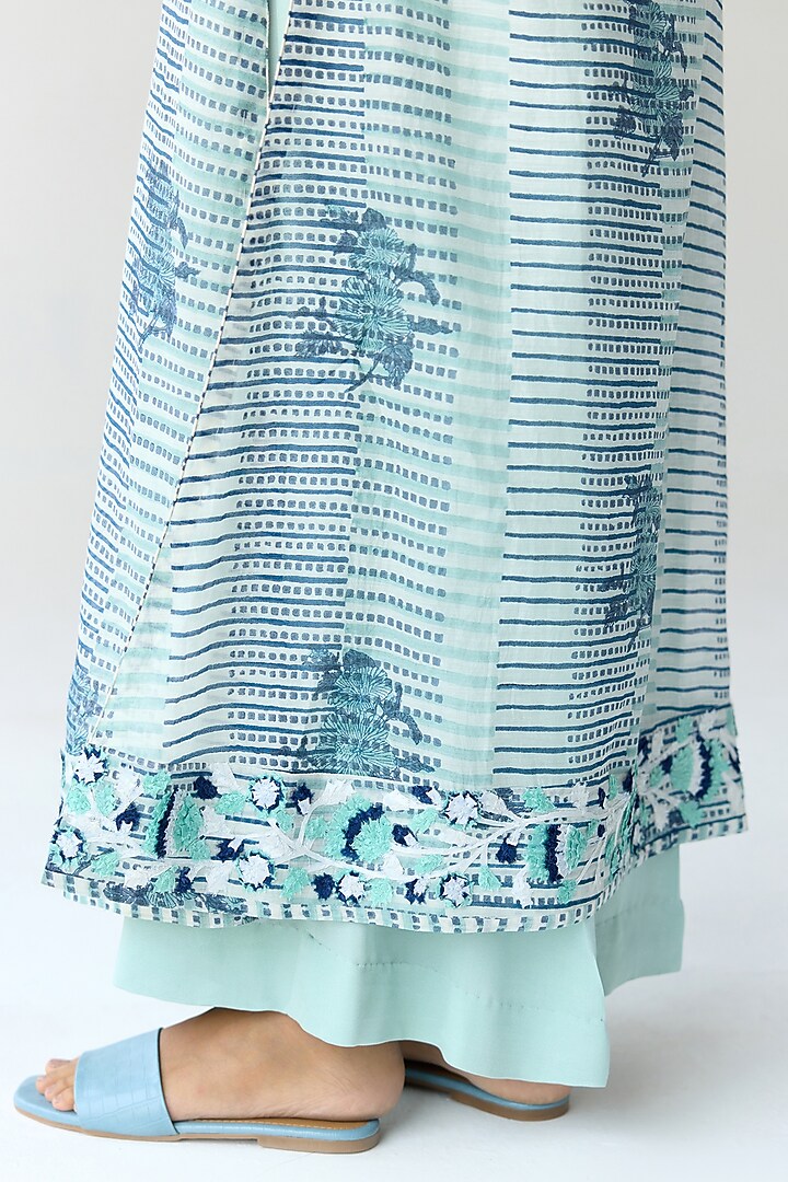Mist Jade Green Chanderi Hand Block Printed & Embroidered Kurta Set by Shyam Narayan Prasad at Pernia's Pop Up Shop