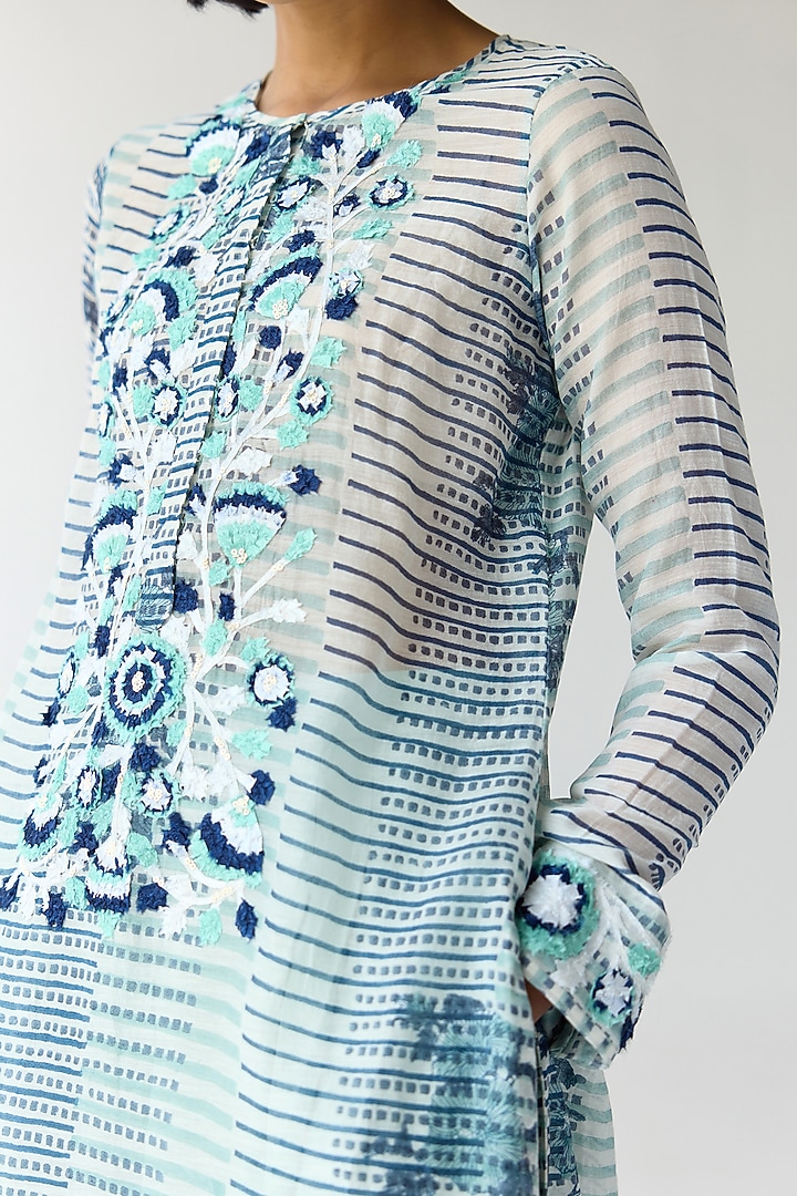 Mist Jade Green Chanderi Hand Block Printed & Embroidered Kurta Set by Shyam Narayan Prasad at Pernia's Pop Up Shop