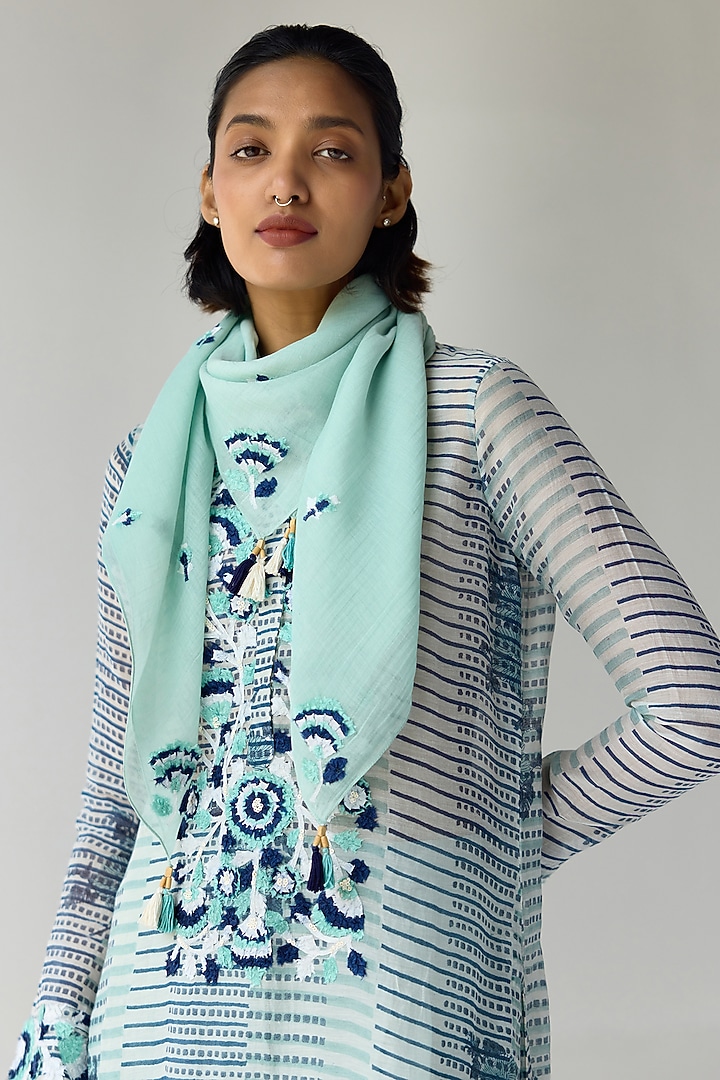 Mist Jade Green Chanderi Hand Block Printed & Embroidered Kurta Set by Shyam Narayan Prasad at Pernia's Pop Up Shop