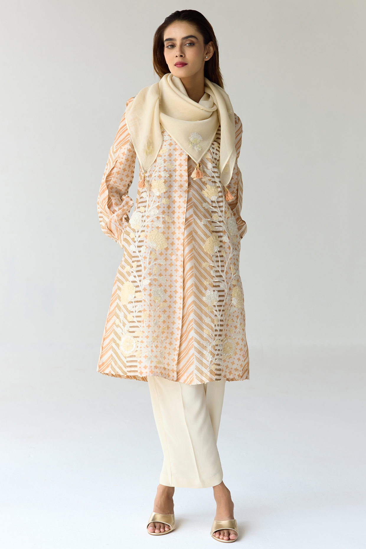 Almond White Chanderi Hand Block Printed & Embroidered Kurta Set by Shyam Narayan Prasad at Pernia's Pop Up Shop