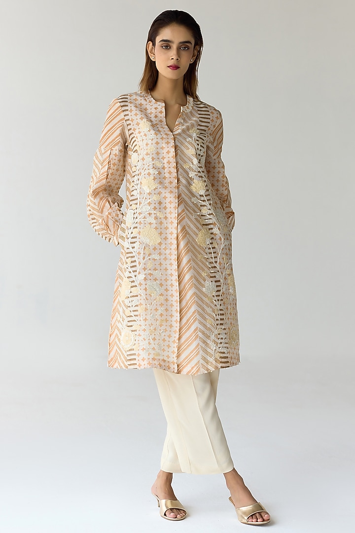 Almond White Chanderi Hand Block Printed & Embroidered Kurta Set by Shyam Narayan Prasad at Pernia's Pop Up Shop