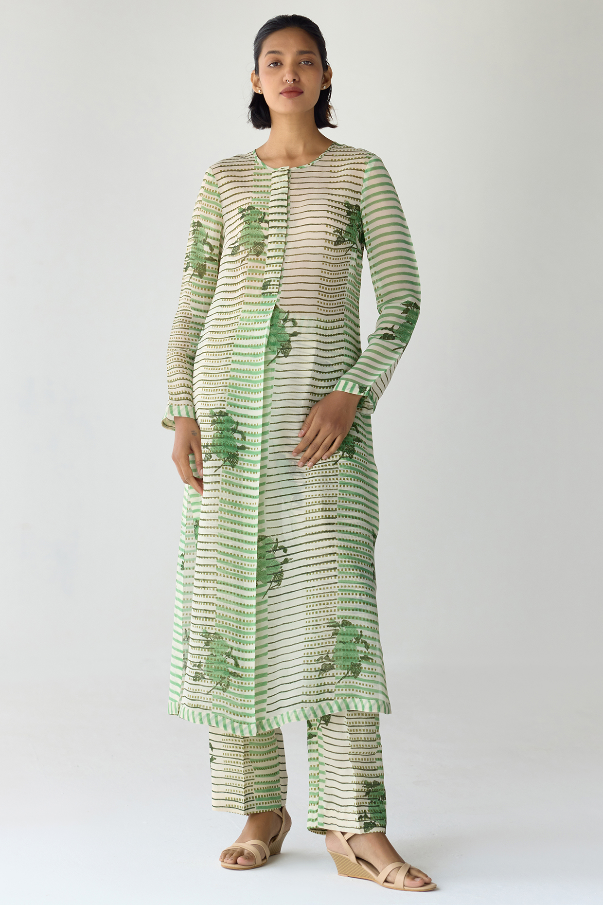 Nile Green Organza Hand Block Printed Kurta Set by Shyam Narayan Prasad at Pernia's Pop Up Shop