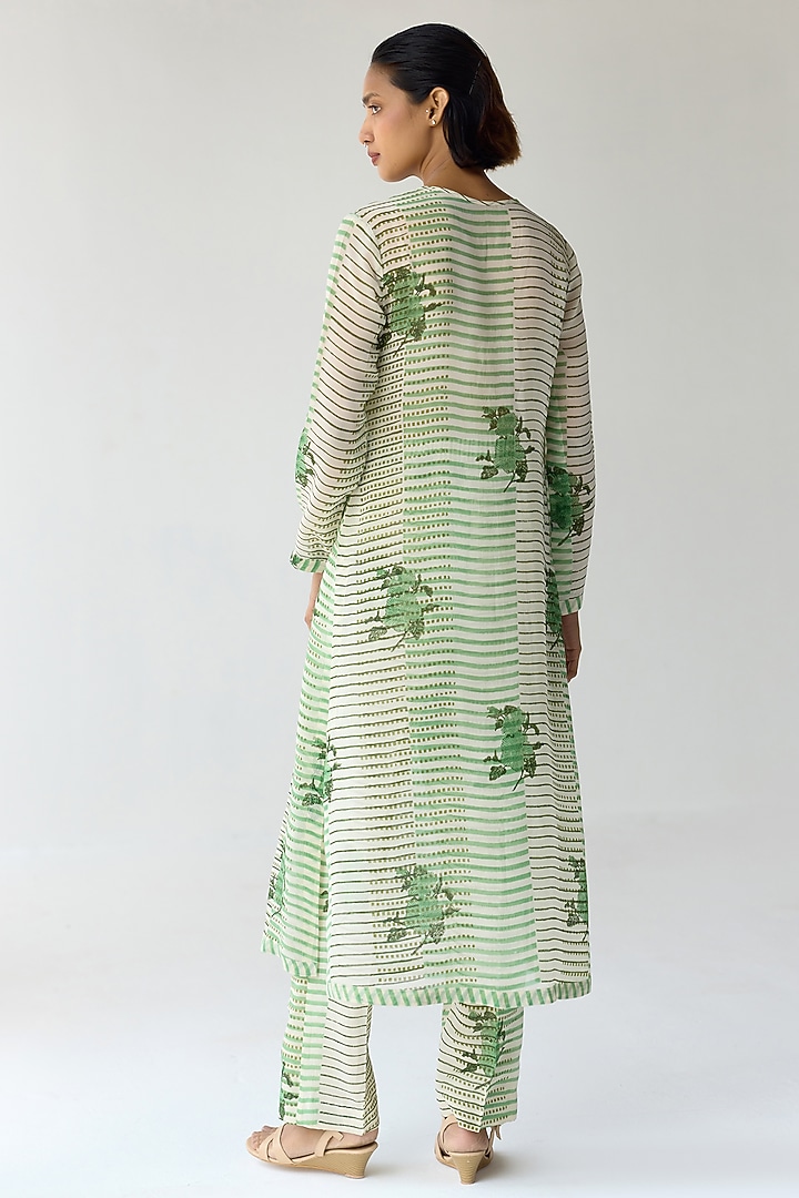 Nile Green Organza Hand Block Printed Kurta Set by Shyam Narayan Prasad at Pernia's Pop Up Shop