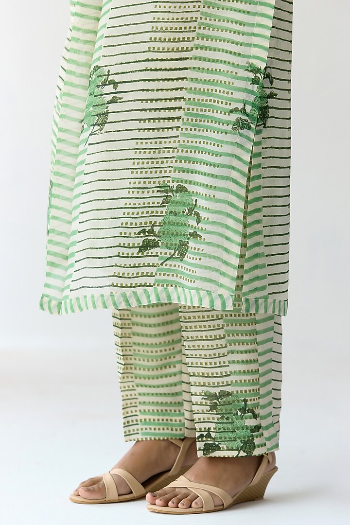 Nile Green Organza Hand Block Printed Kurta Set by Shyam Narayan Prasad at Pernia's Pop Up Shop