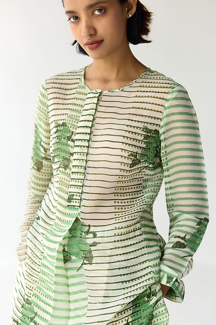 Nile Green Organza Hand Block Printed Kurta Set by Shyam Narayan Prasad at Pernia's Pop Up Shop