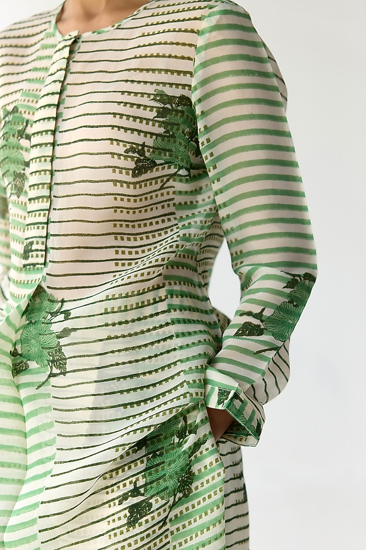 Nile Green Organza Hand Block Printed Kurta Set by Shyam Narayan Prasad at Pernia's Pop Up Shop