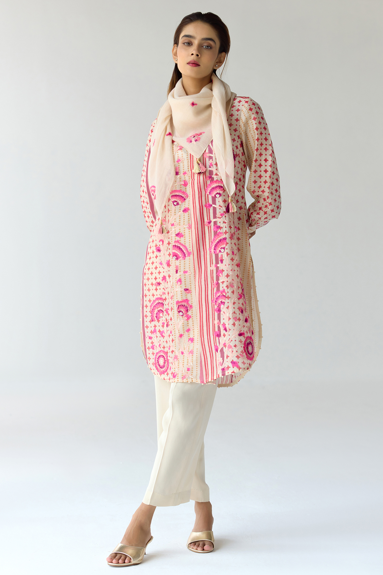 Almond White Chanderi Hand Block Printed & Embroidered Kurta Set by Shyam Narayan Prasad at Pernia's Pop Up Shop