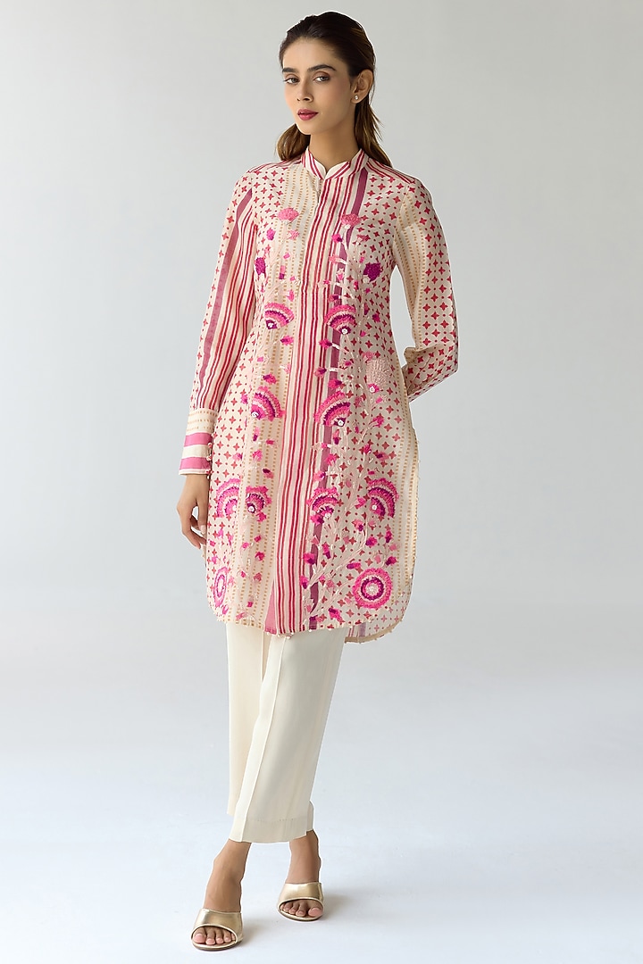 Almond White Chanderi Hand Block Printed & Embroidered Kurta Set by Shyam Narayan Prasad at Pernia's Pop Up Shop