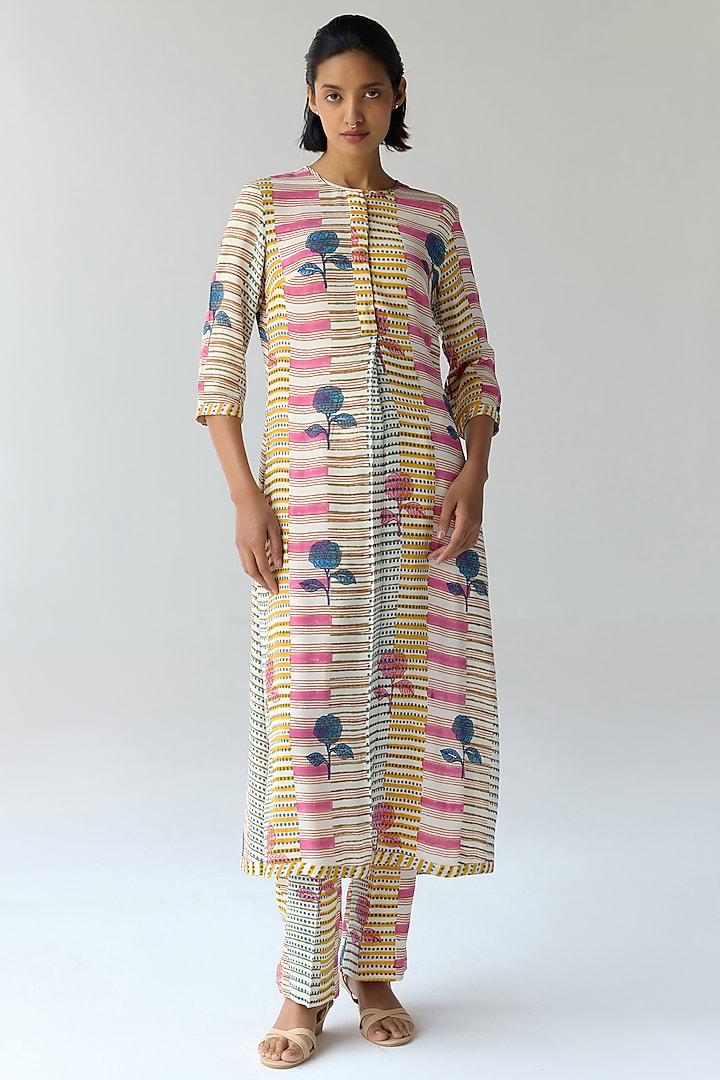 Multi-Colored Georgette Hand Block Printed Kurta Set by Shyam Narayan Prasad at Pernia's Pop Up Shop