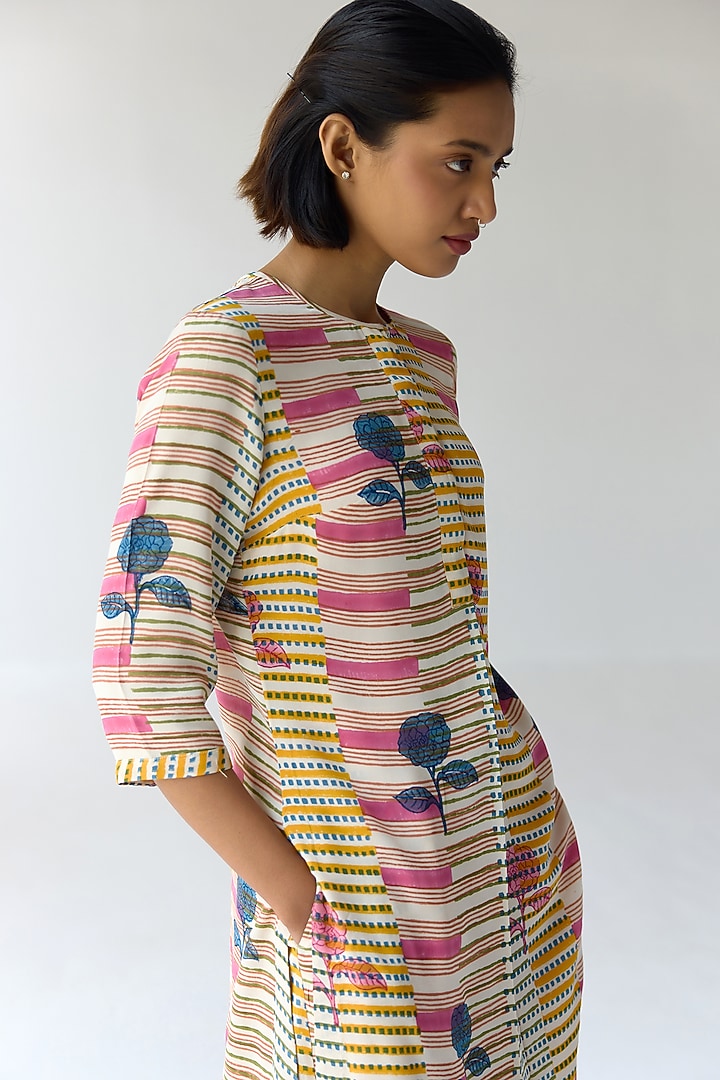 Multi-Colored Georgette Hand Block Printed Kurta Set by Shyam Narayan Prasad at Pernia's Pop Up Shop