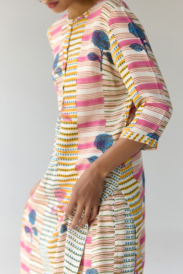 Multi-Colored Georgette Hand Block Printed Kurta Set by Shyam Narayan Prasad at Pernia's Pop Up Shop