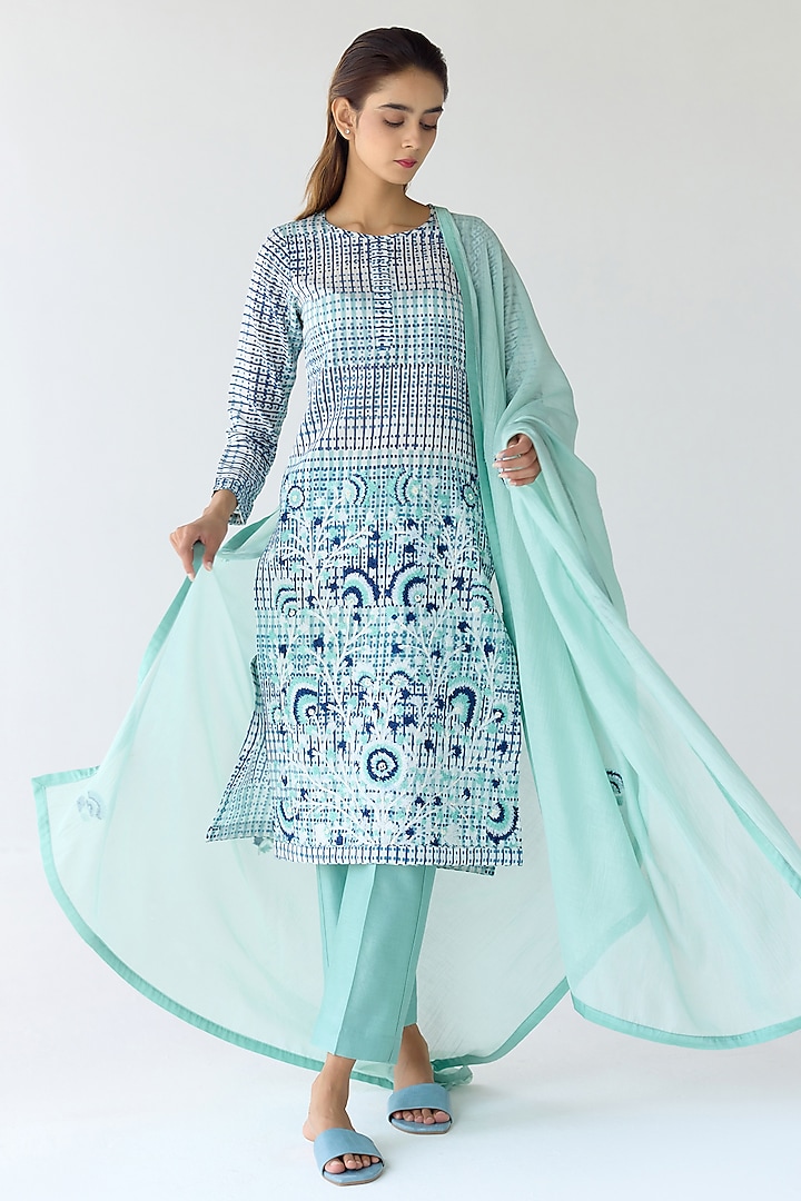 Mist Jade Green Chanderi Hand Block Printed & Embroidered Kurta Set by Shyam Narayan Prasad at Pernia's Pop Up Shop