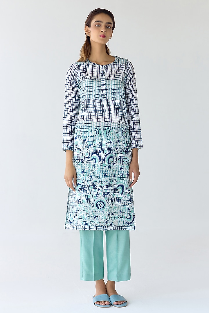 Mist Jade Green Chanderi Hand Block Printed & Embroidered Kurta Set by Shyam Narayan Prasad at Pernia's Pop Up Shop