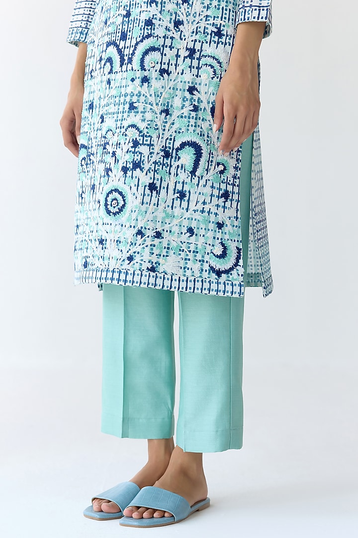 Mist Jade Green Chanderi Hand Block Printed & Embroidered Kurta Set by Shyam Narayan Prasad at Pernia's Pop Up Shop