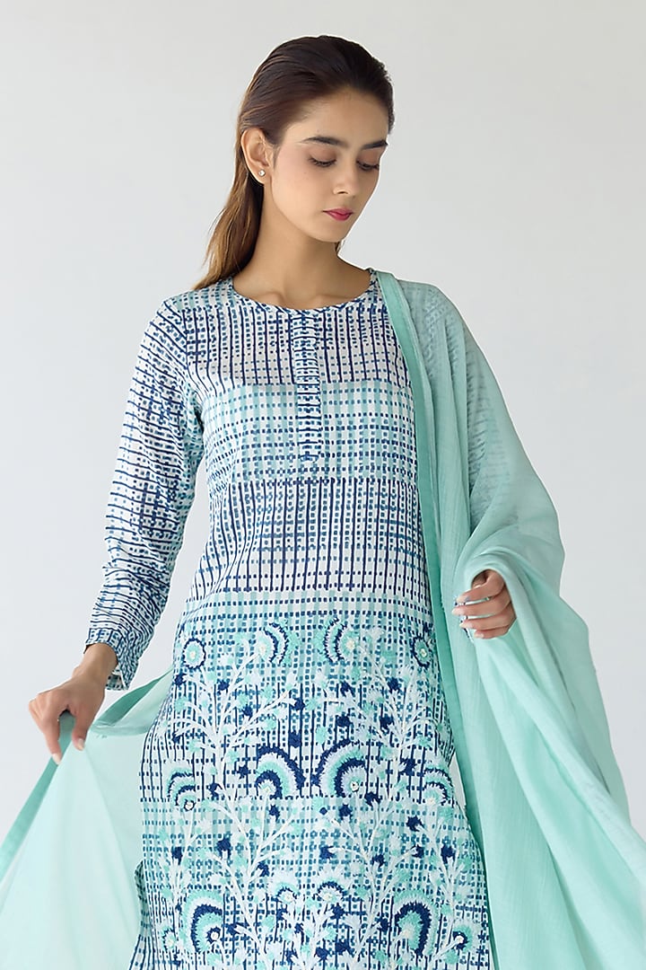 Mist Jade Green Chanderi Hand Block Printed & Embroidered Kurta Set by Shyam Narayan Prasad at Pernia's Pop Up Shop