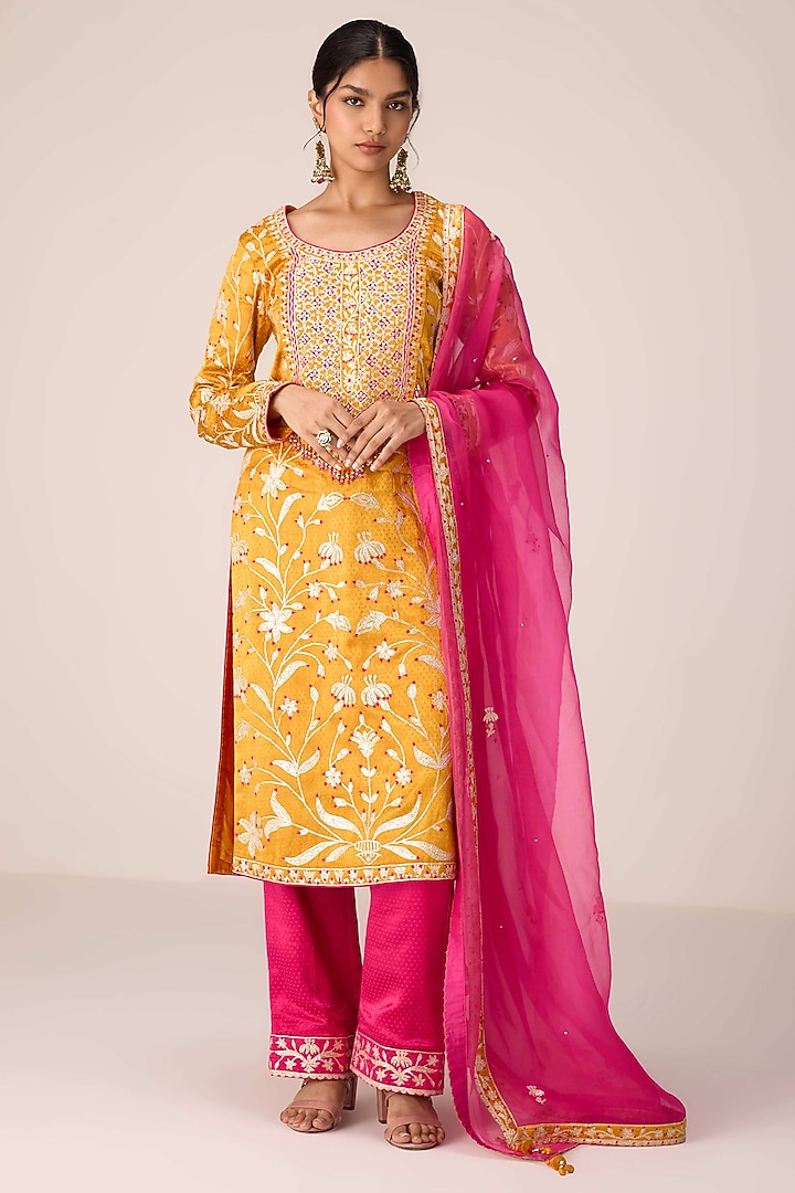 Mustard Yellow Mushroom Silk Thread Embroidered Kurta Set by Shyam Narayan Prasad at Pernia's Pop Up Shop