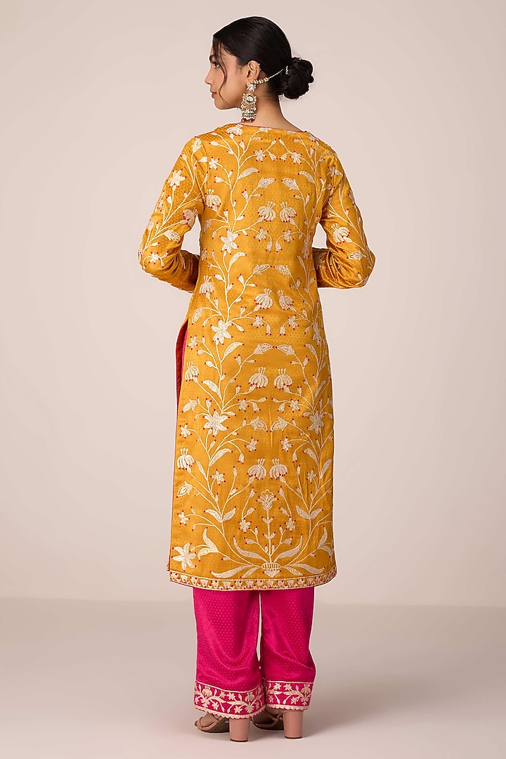 Mustard Yellow Mushroom Silk Thread Embroidered Kurta Set by Shyam Narayan Prasad at Pernia's Pop Up Shop