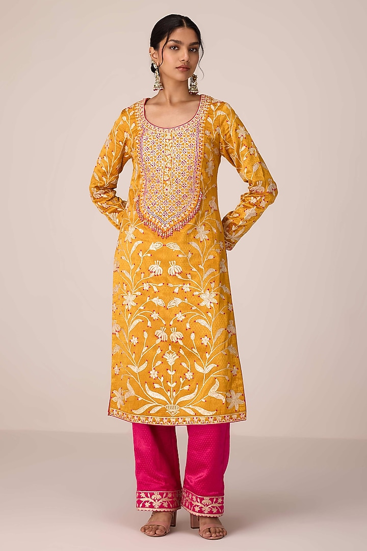 Mustard Yellow Mushroom Silk Thread Embroidered Kurta Set by Shyam Narayan Prasad at Pernia's Pop Up Shop