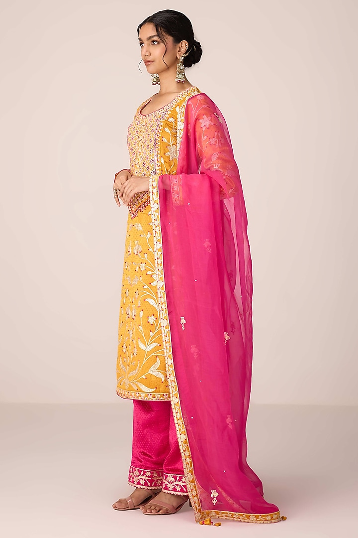Mustard Yellow Mushroom Silk Thread Embroidered Kurta Set by Shyam Narayan Prasad at Pernia's Pop Up Shop