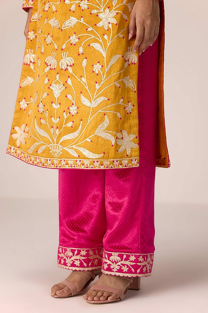 Mustard Yellow Mushroom Silk Thread Embroidered Kurta Set by Shyam Narayan Prasad at Pernia's Pop Up Shop