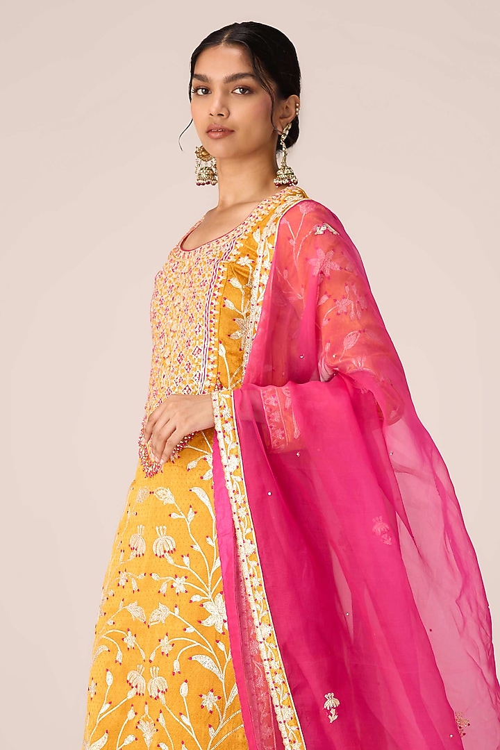 Mustard Yellow Mushroom Silk Thread Embroidered Kurta Set by Shyam Narayan Prasad at Pernia's Pop Up Shop