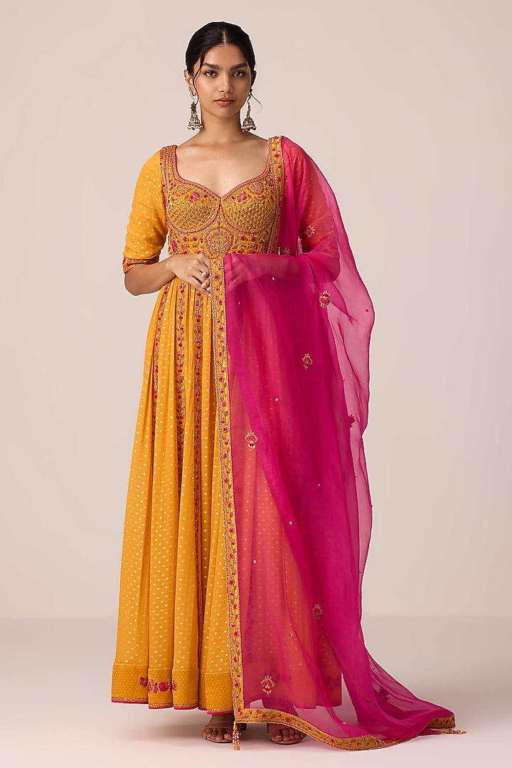 Mustard Yellow Chinon Brocade Thread Embroidered Wedding Anarkali Set by Shyam Narayan Prasad at Pernia's Pop Up Shop