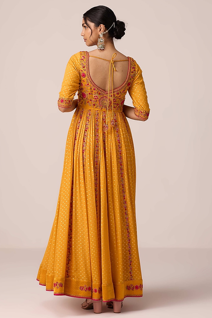 Mustard Yellow Chinon Brocade Thread Embroidered Wedding Anarkali Set by Shyam Narayan Prasad at Pernia's Pop Up Shop